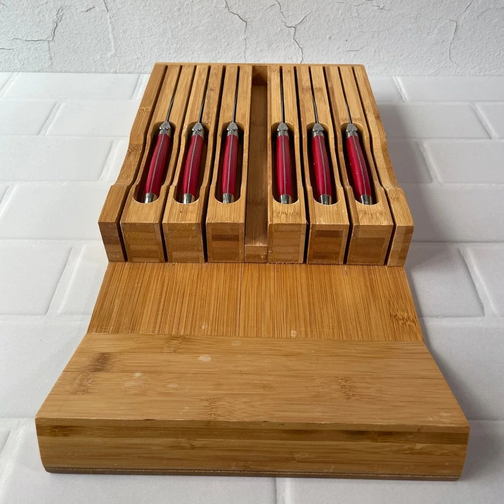 Laguiole Jean Dubost Steak Knife Set 6 Piece Red Handles French Stainless Steel
